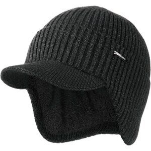 Men & Women Slate Grey Beanie with Brim and Ear Flaps Fleece-Lined Hat